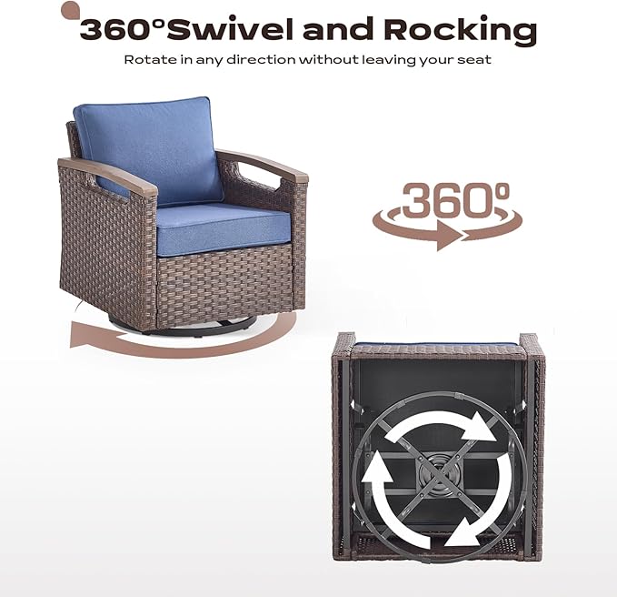 Rilyson Wicker Outdoor Patio Furniture Set - 5 Piece Patio Conversation Sets with Swivel Rocker Chairs, Ottomans and Sofa, Thick Cushions, Waterproof Wicker, for Porch Deck Brown/Blue