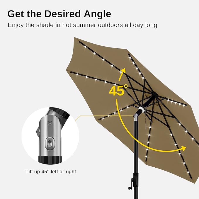 EAST OAK Patio Umbrella, 9 ft Outdoor Table Umbrella with 40 LED Solar Lights and 8 Ribs, 1.9inch Aluminum Pole, UPF 50+ Fade Resistant and Push Button Tilt for Deck and Poolside, Tan