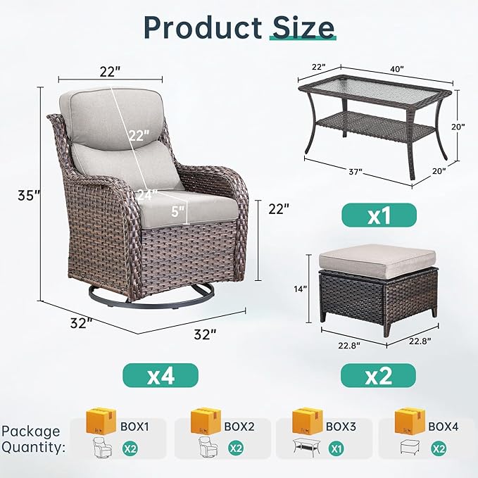 Outdoor Swivel Rocker Patio Chairs Set of 4 with Coffee Table - 5" Thick Cushion 7 Piece Furniture Set All Weather Comfortable Wicker Conversation Set for Porch Deck - Brown/Beige