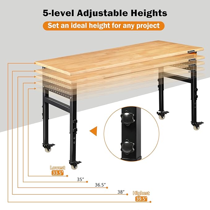 Betterhood 60" Adjustable Workbench for Garage, Rubber Wood Shop Table W/Wheels & Double Pegboards & Drawer, 2000 LBS Load Capacity Hardwood Worktable for Workshop, Garage, Office, Home, Commercial