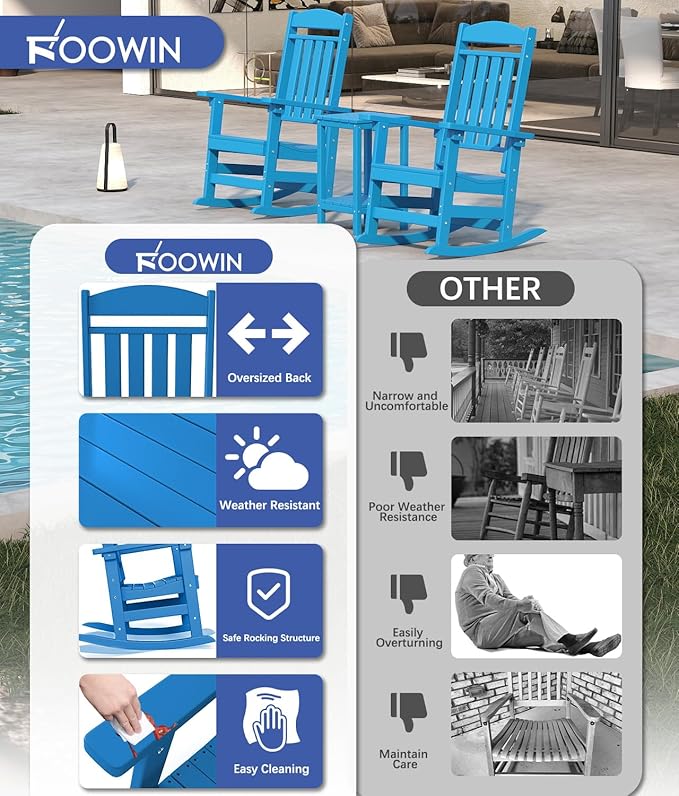 FOOWIN Outdoor Rocking Chair, High Back Patio Rocking Chair, HDPE All Weather Resistant Porch Rocker for Adult, Oversized Rocking Chairs for Garden, Lawn, Indoor & Outdoor Use, Pacific Blue