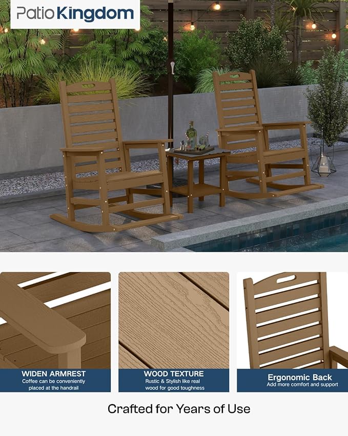 Brown Outdoor Rocking Chairs Set of 2 with Footrest, Side Table & Beige 9FT Patio Umbrella, HDPE Rocking Lawn Chair for Garden, Poolside, Deck, Weatherproof Porch Rocker