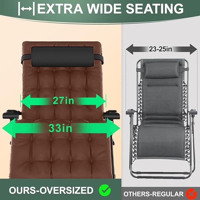 XXL Zero Gravity Lounge Chair 33", Oversized Padded Folding Recliner for Patio with Storage Bag, Removable Cushion, Footrest, Full Aluminum Lock & Large Cup Holder, Supports 500 lbs, Brown