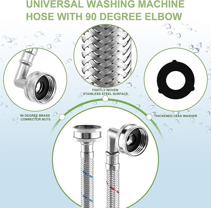 4ft Stainless Steel Washing Machine Hose with 90 Degree Elbows 2 Packs Braided Premium Washer Hoses Supply Lines-Washer Hoses 4ft Hot and Cold Striped Water Connection-by MIFLUS