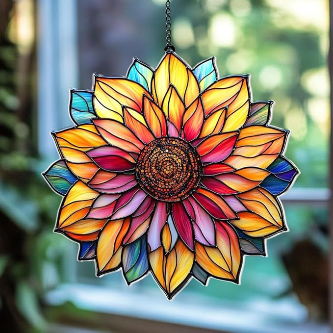 Colorful Sunflower Christmas Ornament Flower Suncatcher Window Hanging Acrylic Stained Glass Effect Art Garden Decor Unique Gift for Mom Women Grandma Gardener Thanksgiving