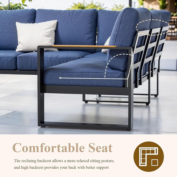 Aluminum Patio Furniture Set, All-Weather Outdoor Couch Sectional, L Shaped Patio Conversation Sets, Metal Corner Sofa with Teak Coffee Table (Cushion: Blue, Black Frame)