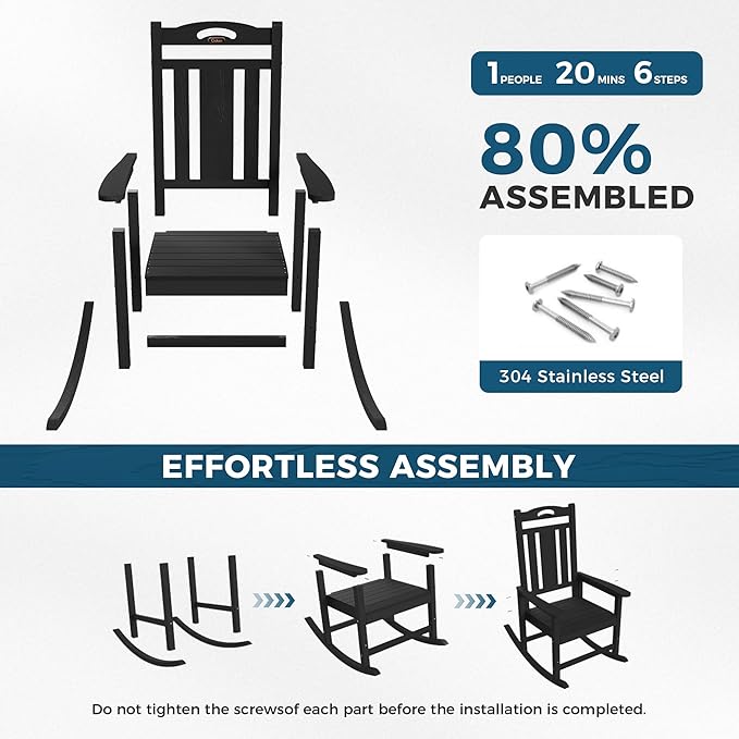 Ciokea Outdoor Rocking Chairs Set of 4, HDPE Porch Rocking Chairs for Outside, All-Weather Comfortable Patio Rockers for Front Deck Balcony, Black