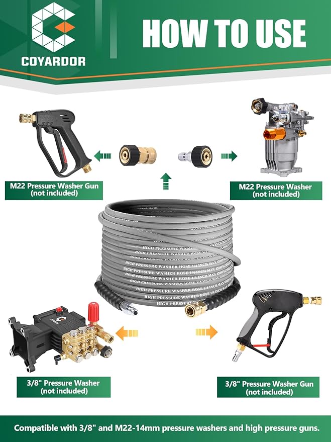 1/4” Pressure Washer Hose 35 FT 4500 PSI, Steel Braided Layer & NonMarking Rubber for Hot/Cold Water High Power Washer Replacement With Quick Connect & M22 Fitting, Industrial-grade