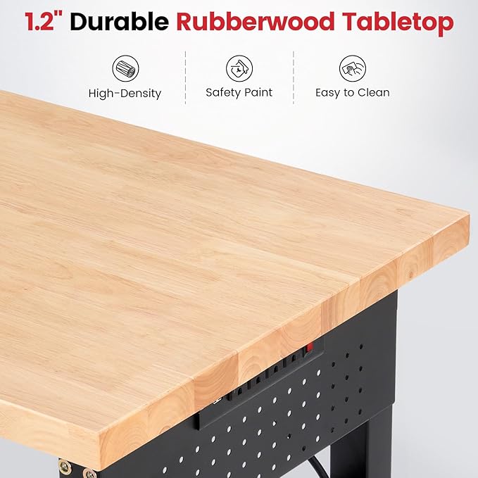 Work Bench 84 x 24 Inch Adjustable Height Rubber Wood Top Work Table 5000 Lbs Load Capacity Workstation with Power Outlets & Extended Pegboard for Garage, Workshop, Home, Office