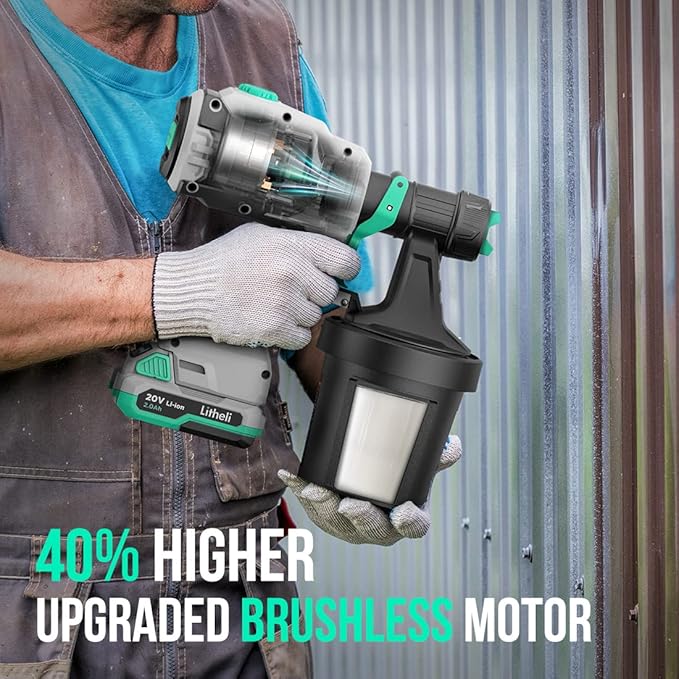 Litheli Cordless Paint Sprayer with Powerfu Brushless Motor, 20V 2.0Ah Battery Paint Sprayers with 4 Nozzle and 2 x 800ml Container, Electric HVLP Paint Gun for House Car, Deck, Fence, Furniture