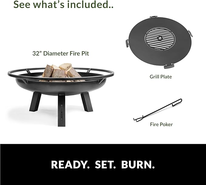 Ember 32" Handcrafted Cooking Fire Pit with Cooking Grill Plate Attachment for Wood Burning Fireplace for Backyard Grilling Campfire for Camping, Large Outdoor Natural Steel Firepit by Good Directions