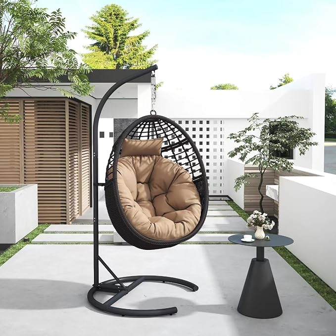 Hanging Egg Chair Hammock Chair with Stand Wicker Rattan Chairs for Indoor Outdoor Patio Bedroom Swing Chair with Steel Frame and Soft Cushion