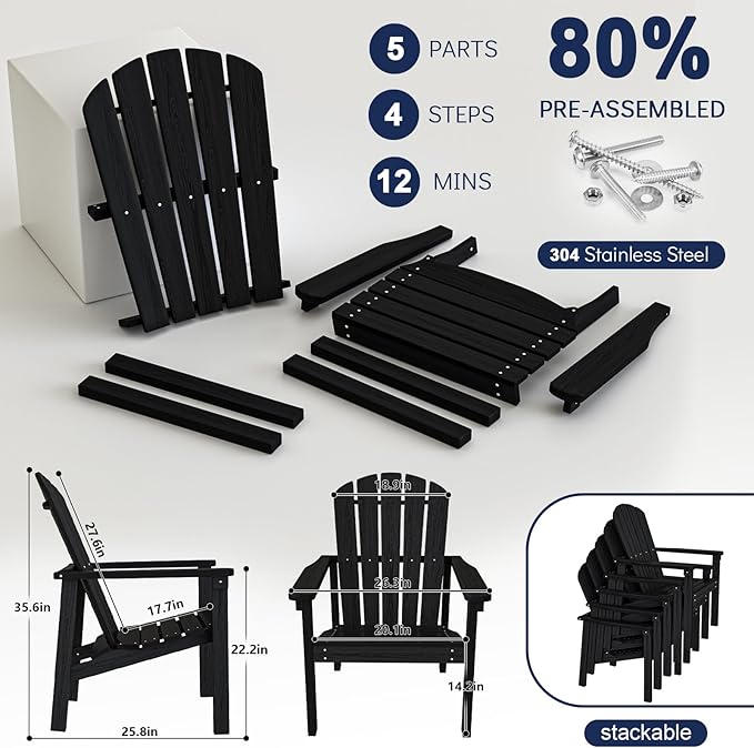 nevilywood Compact Stackable Adirondack Chairs, 26.3" Wide HDPE Outdoor Patio Chairs - Durable, Space-Saving Design for Porch, Lawn or Garden, Black