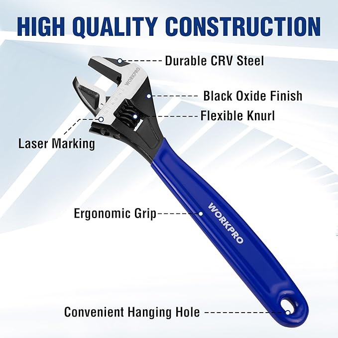 WORKPRO 12-Inch Adjustable Wrench, Wide Jaw Black Oxide Cr-V Steel Wrench, Metric & SAE Scales, for Home, Garage, Workshop and DIY