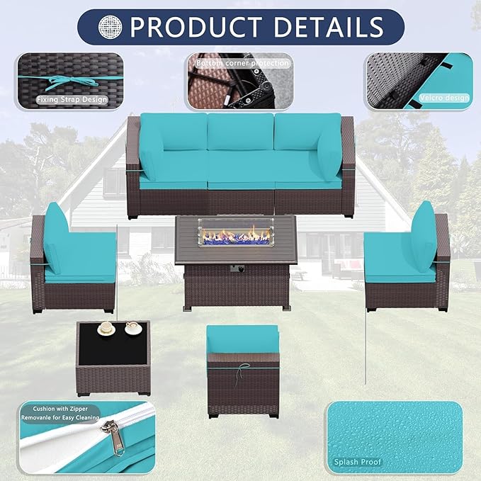 11 Pieces Patio Furniture Set with 2 Swivel Chairs Patio Furniture Outdoor Sectional Sofas with 55000 Gas Fire Pit Patio Conversation Set w/7 Cushions-