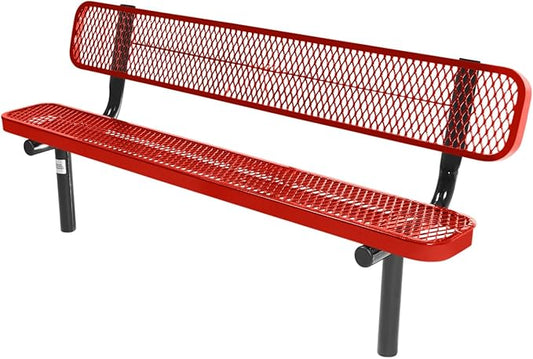 COATEDOUTDOORFURNITURE Coated Outdoor Furniture Heavy-Duty Outdoor Bench Thermoplastic Coated, Expanded Metal, Commercial-Grade Seating, Made in America (Inground with Back, 6 Ft, Red)