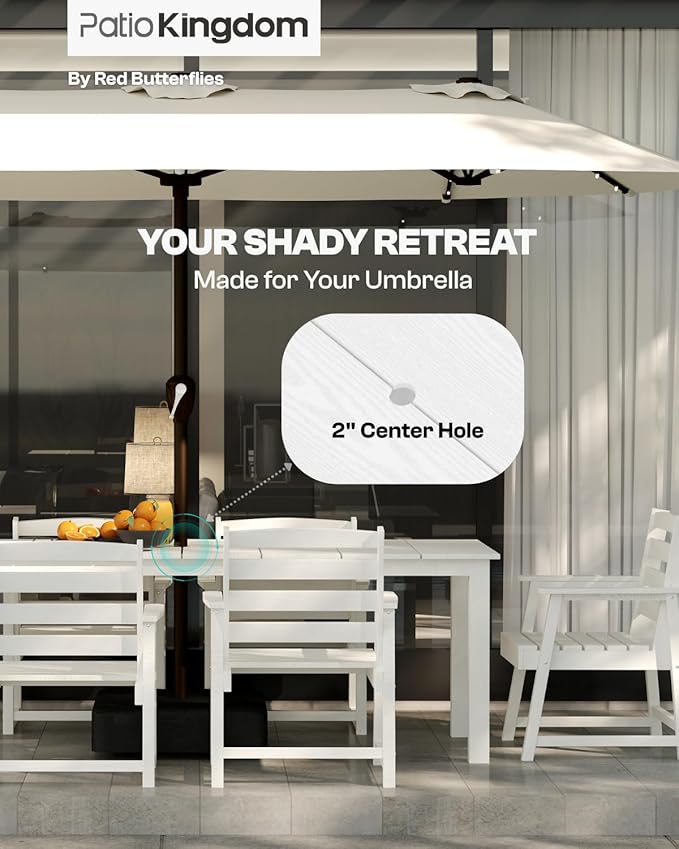 7-Piece White HDPE Patio Table and Chairs Set, Weather Resistant Outdoor HDPE Dining Table Sets with Umbrella Hole for Lawn, Garden, Deck, Poolside, Balcony