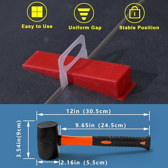 Tile Leveling System 1/16" Spacers Tile Leveler Clips DIY Tile Leveler Spacers 8000 Pcs and Tools Harden Rubber Mallet Hammer 16 oz for Professional Ceramic Tile and Stone Installation