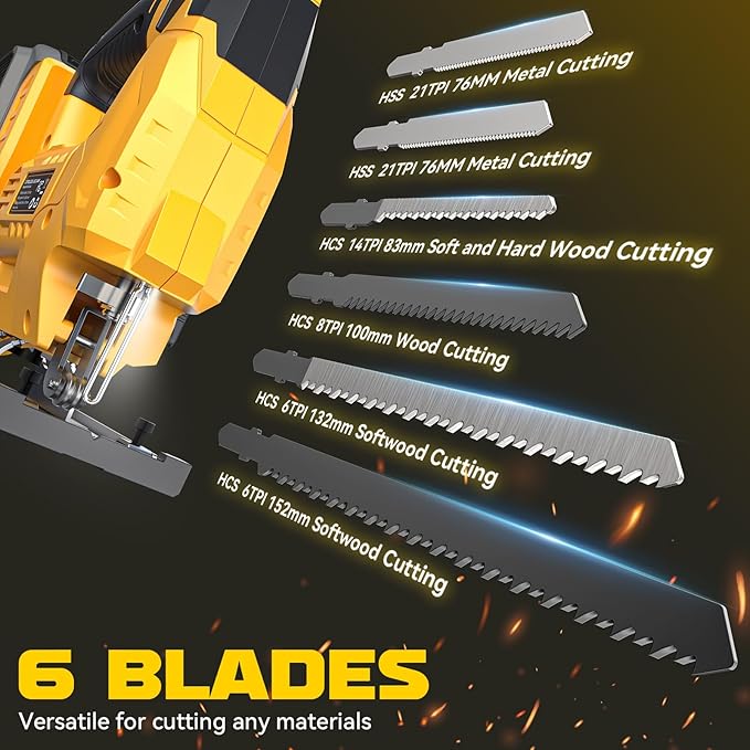 Ecarke Cordless Jig Saw Compatible With Dewalt 20V Max, Brushless, 7 Speeds Dial Control, 4 Orbital Sets, Dust-Blowing, ±45° Bevel Cuts, LED Light and 6PCS Blades For Cutting (Exclude Battery)