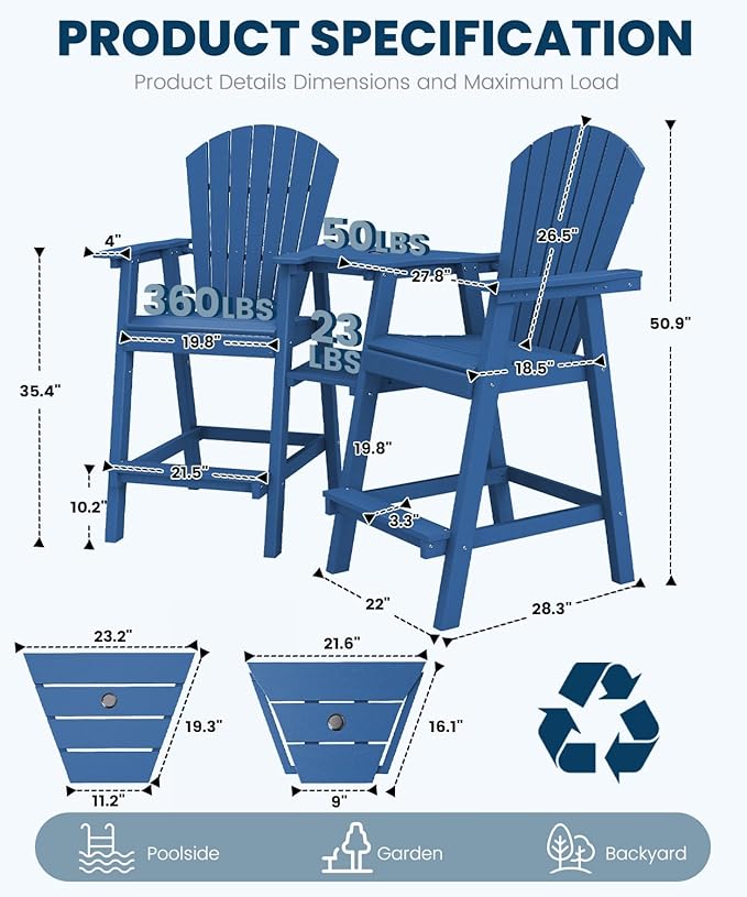 FOOWIN Tall Adirondack Chair Set of 8, All Weather HDPE Bar Height Adirondack Chair with Double Connecting Trays, Adirondack Barstools for Balcony, Deck, Backyard, Patio, Garden Navy Blue