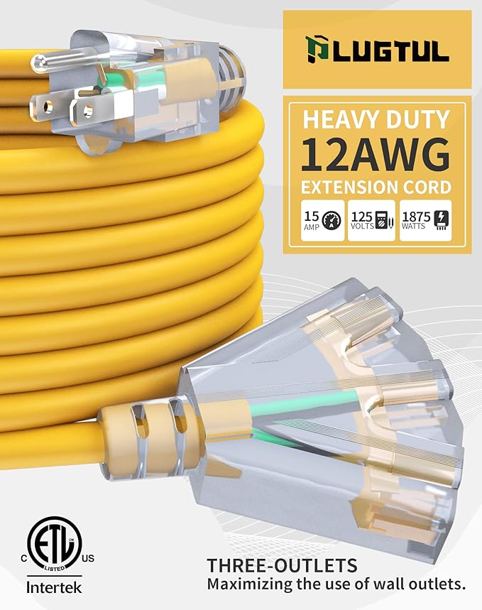 25Ft 12 Gauge Outdoor Extension Cord with 3-Outlets, 2 Pack, Heavy Duty 3 Prong Extension Cord Waterproof with Lighted end, 15A SJTW, ETL Listed, Yellow