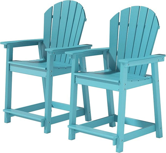 OTSUN Outdoor Tall Adirondack Chairs Set of 2, Widened Arms Patio Bar Stool Chair with High Back, 400lbs, All-Weather Balcony Chair for Backyard, Garden, Yard - Aruba Blue