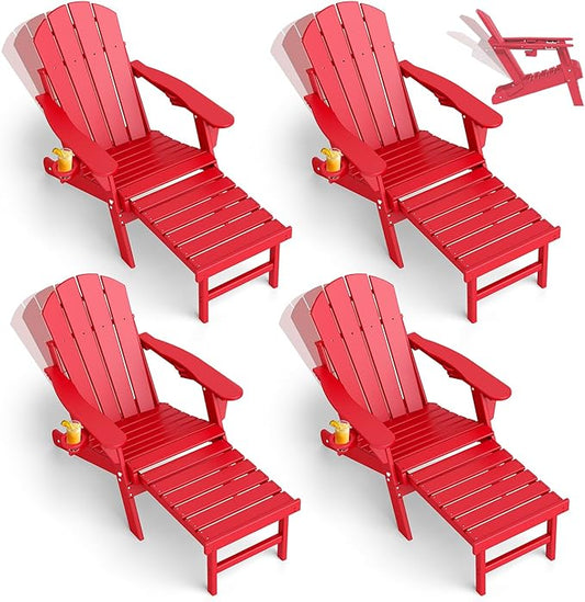GREENVINES Adjustable Adirondack Chair with Retractable Ottoman Set of 4 | Folding | HDPE Plastic | Fire Pit Chairs w/Foot Rest | 2 Cup Holders | Red | for Outdoor Patio Poolside Deck