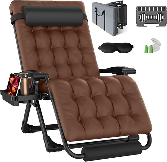 XXL Zero Gravity Lounge Chair 33", Oversized Padded Folding Recliner for Patio with Storage Bag, Removable Cushion, Footrest, Full Aluminum Lock & Large Cup Holder, Supports 500 lbs, Brown