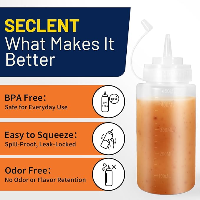 16 oz Condiment Squeeze Bottles, Squirt Bottles for Sauces, Ketchup, Plastic Squeeze Bottle for Liquids, Leak Proof, Dressing Bottle for Syrup, Pancake Batter, oil, Arts and Crafts, Pack of 6