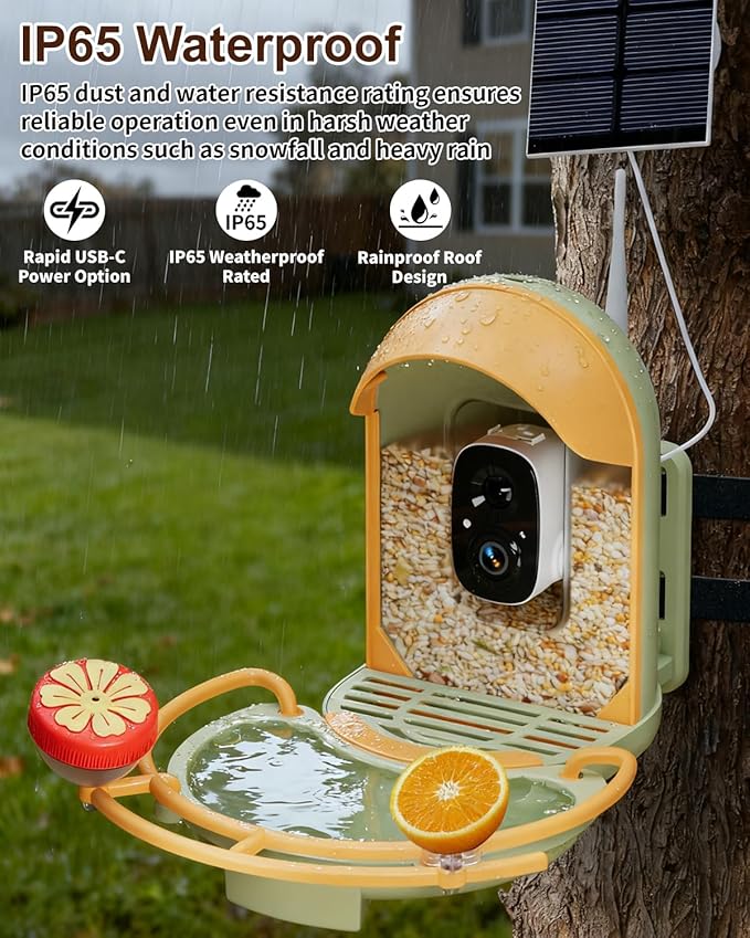 Bird Feeder with Camera, Smart Birdfeeder with Cam Solar Powered, 2K HD Video, AI Identification, Instant Arrival Alerts, IP66 Bird Bath & Feeder,Gift for BirdLover (with BirdBath, Green)