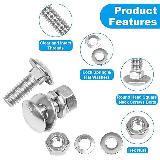 Yinpecly 25 Sets 1/4-20 x 3/4" Carriage Bolts Screws, 304 Stainless Steel Round Head Square Neck Carriage Bolts and Nuts Kit, with Flat & Lock Washers, Full Thread Coverage