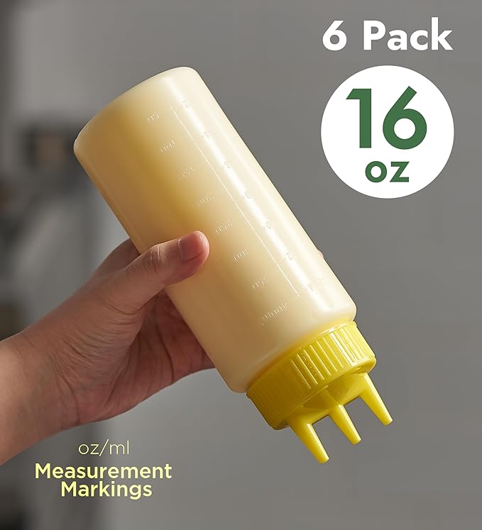 CURTA 6-Pack 16 oz Clear Squeeze Bottle with 3 Open Tips, BPA-Free Easy-to-Squeeze Plastic Condiment Dispenser with oz & ml Markings for Sauce, Oil, Dressing, Dishwasher Safe, Yellow
