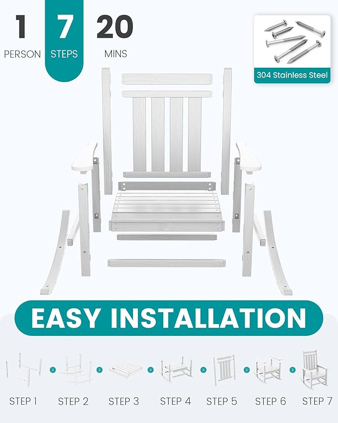 SERWALL Oversized Outdoor Rocking Chair, HDPE Rocker with Cushion, Patio Rocking Chairs for Porch, White Chair+Gray Cushion