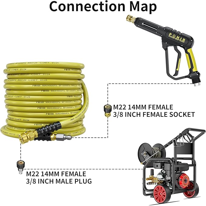 POHIR 50ft Pressure Washer Hose 3/8" 4800 PSI, Power Washer Hose with 3/8 Quick Connect, Hot & Cold Water Hose Max 248°F, Commercial Industrial Grade Steel Wire Braided Kink Proof Extension Hose