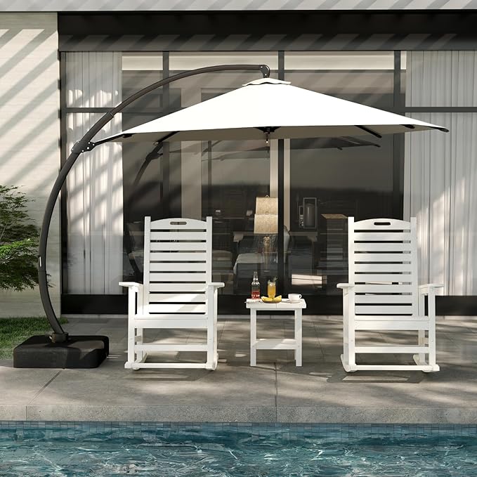 White Outdoor Rocking Chairs Set of 2 with Footrest, Side Table & Beige 11FT Cantilever Umbrella, HDPE Rocking Lawn Chair for Garden, Poolside, Deck