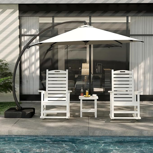 White Outdoor Rocking Chairs Set of 2 with Footrest, Side Table & Beige 11FT Cantilever Umbrella, HDPE Rocking Lawn Chair for Garden, Poolside, Deck