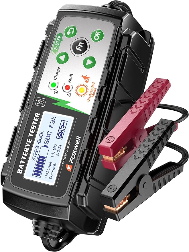 5A 12V Battery Charger, Tester & Analyzer, Trickle Charger & Desulfator, FOXWELL BC521 4-in-1 Smart Maintainer with Cranking & Alternator Test, 8-Stage Charging, Pulse Repair for Car, RV, Motorcycle