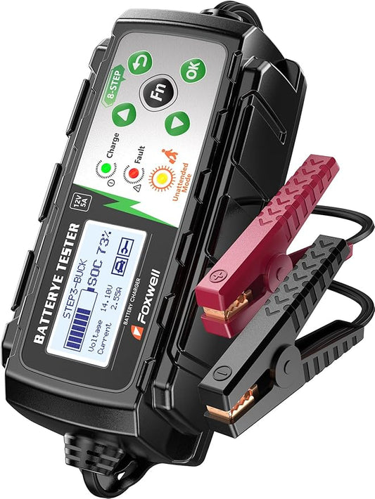 5A 12V Battery Charger, Tester & Analyzer, Trickle Charger & Desulfator, FOXWELL BC521 4-in-1 Smart Maintainer with Cranking & Alternator Test, 8-Stage Charging, Pulse Repair for Car, RV, Motorcycle