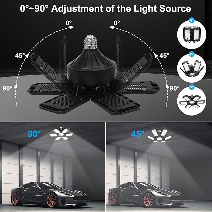 LED Garage Light 4 Pack, 200W 20000LM 6500K LED Shop Lights, Garage Ceiling Lights with 6+1 Adjustable Panels for Basement, Barn, Warehouse, Attic Lighting Support E26/E27 Socket