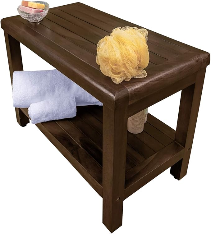 DecoTeak Eleganto 24 Inch Brown Waterproof Teak Wood Shower Bench Stool Seat Chair for Inside Shower Storage Shelf Provides Safety, Storage, and Organization for Bathroom Accessories