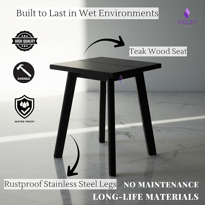Black Teak Wood Shower Seat with Stainless Steel Legs – Waterproof Non-Slip Bath Stool, Indoor & Outdoor Use, 440 lbs Capacity, ADA Compliant, Handmade Compact Modern Design Bench