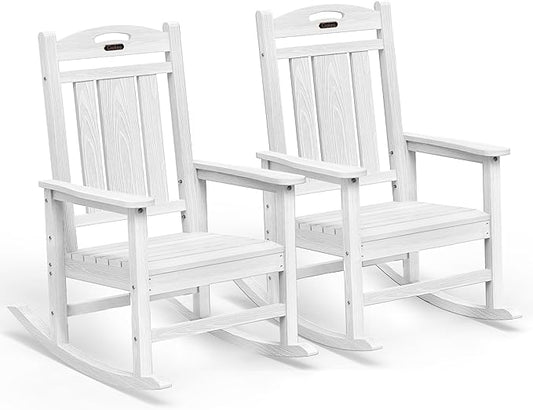 Ciokea Oversized Outdoor Rocking Chairs Set of 2, HDPE Porch Rocking Chairs for Outside, All-Weather Comfortable Patio Rockers for Front Deck Balcony, White