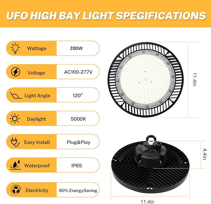 UFO LED High Bay Light Super Bright 200W 5000K with Plug&5ft Cabl high Bay led Shop Lights for Gym Lighting,led Lights for Garage, barn,Warehouse 4PACK