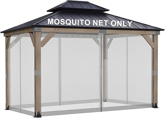 BPS 10' x 13' Gazebo Universal Mosquito Netting Screen Replacement, 4-Panel Screen Walls with Double Zippers for Outdoor Patio, Gray (Mosquito Net Only)