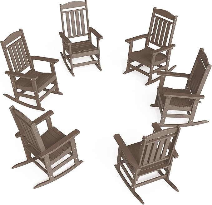 FOOWIN Outdoor Rocking Chair Set of 6, High Back Patio Rocking Chair, HDPE All Weather Resistant Porch Rocker for Adult, Oversized Rocking Chairs for Garden, Lawn, Indoor & Outdoor Use, Coffee