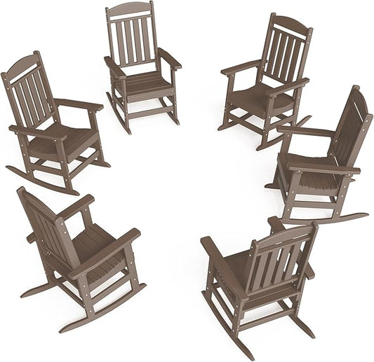 FOOWIN Outdoor Rocking Chair Set of 6, High Back Patio Rocking Chair, HDPE All Weather Resistant Porch Rocker for Adult, Oversized Rocking Chairs for Garden, Lawn, Indoor & Outdoor Use, Coffee