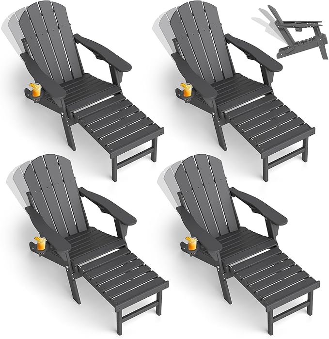GREENVINES Adjustable Adirondack Chair with Retractable Ottoman Set of 4 | Folding | HDPE Plastic | Fire Pit Chairs w/Foot Rest | 2 Cup Holders | Grey | for Outdoor Patio Poolside Deck