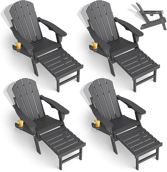 GREENVINES Adjustable Adirondack Chair with Retractable Ottoman Set of 4 | Folding | HDPE Plastic | Fire Pit Chairs w/Foot Rest | 2 Cup Holders | Grey | for Outdoor Patio Poolside Deck