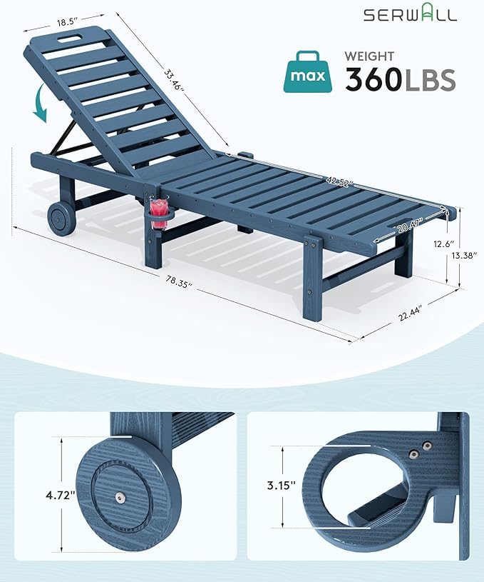 SERWALL Patio Chaise Lounge Set of 4, HDPE Outdoor Lounge Chair with Cup Holder, 5 Positions Adjustable Poly Lounge Chair with Rolling Wheels for Poolside, Deck, Sunbathing, Blue
