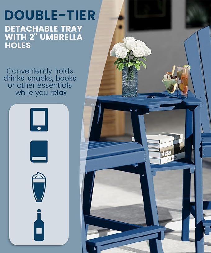 FOOWIN Tall Adirondack Chair Set of 4, All Weather HDPE Bar Height Adirondack Chair with Double Connecting Trays, Adirondack Barstools for Balcony, Deck, Backyard, Patio, Garden Navy Blue